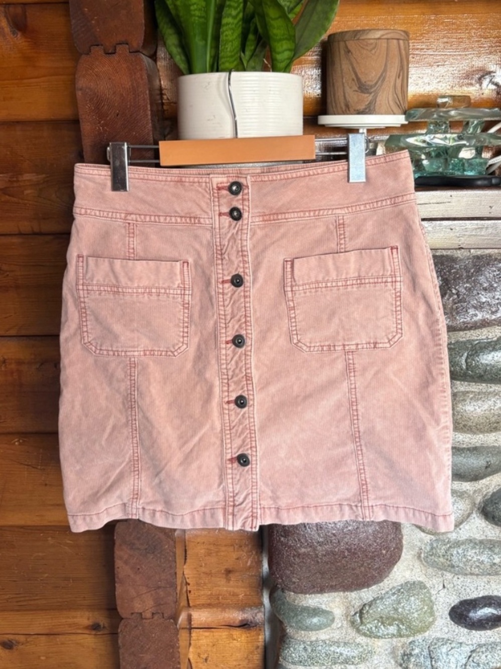 prAna Organic Cotton Dusty Pink Corduroy Mini Skirt | Cottagecore Button Front 8 - Picture 2 of 7